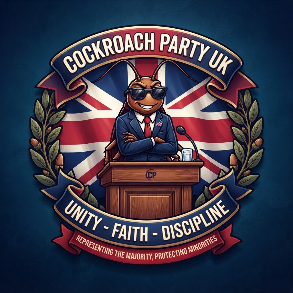 Cockroach Party UK emblem — a cockroach mascot behind a podium in front of the Union Jack